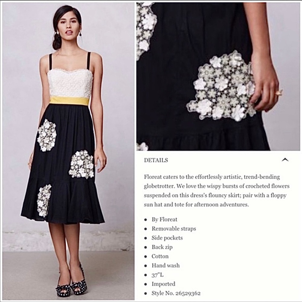 Anthropologie Floreat Black White Yellow Dandelion Wish Dress Size 4